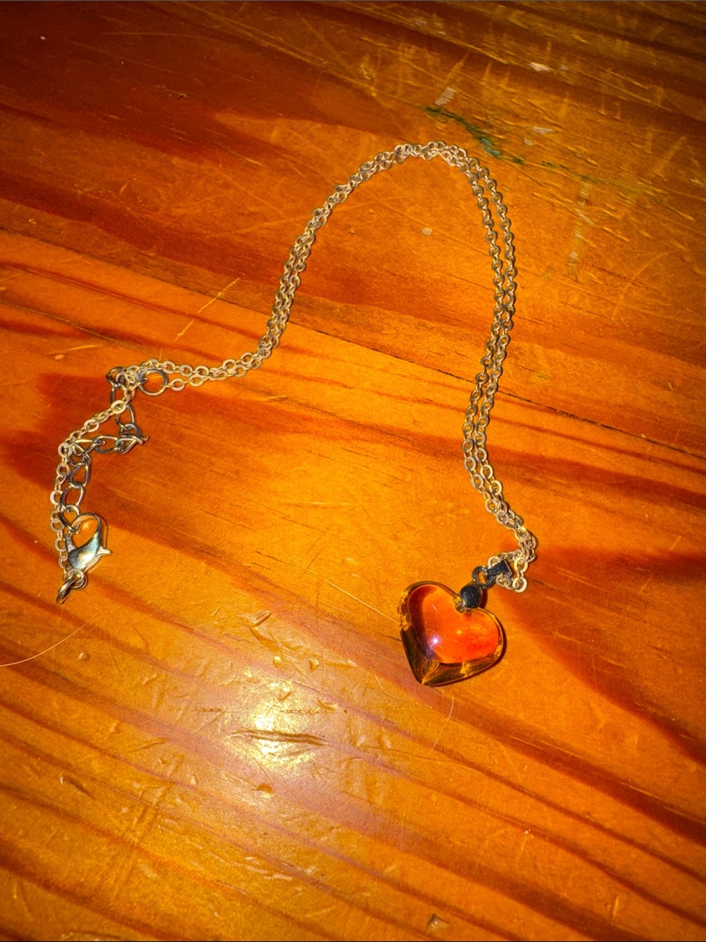 Silver Chain Necklace with Amber Red Heart Pendant